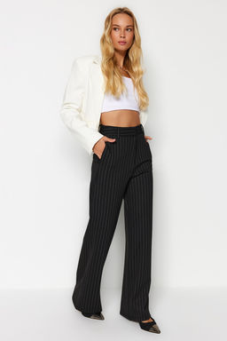Siyah Cizgili Straight Fit Yuksek Bel Orme Pantolon TWOAW24PL00222 - Trendyolmilla фото 2