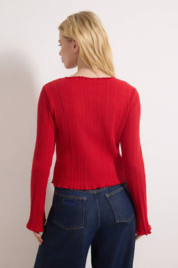 K?rm?z? Jakarl? Fitted/Vucuda Oturan Dugme Detayl? Esnek Orme Bluz TWOAW26BZ00046