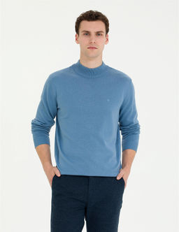 Koyu Mavi Slim Fit Yar_m Bal_k__ Yaka Basic Triko Kazak