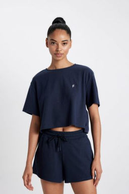 DeFactoFit Crop Bisiklet Yaka Sporcu Ribana K?sa Kollu Tisort