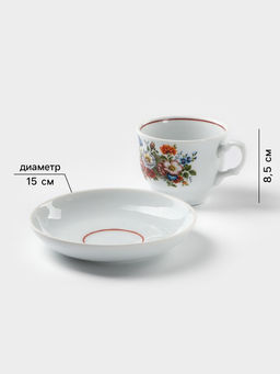 Чайная пара Добрушский завод Букет цветов, 2 предмета: чашка 250 мл, блюдце d=15 см, фарфор, белая