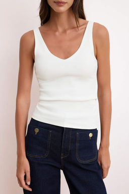 Ekru Fitted/Vucuda Oturan V Yaka Kal?n Ask?l? Kolsuz Fitilli Esnek Orme Atlet TWOSS26AL00021 - Trendyolmilla фото 3