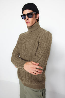 TRENDYOL MAN Vizon Slim Fit Yunlu Bal?kc? Yaka Sac Orgu Triko Kazak TMNAW22KZ0302