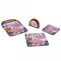 Счастья, Радости, УдачиКомлект деревянный 4 предмета: доска разделочная 29х21х0,6см; доска разделочная 21х19,5х0,6см; подставка под горячее 14,5х14,5х0,8см; салфетница 12,5х8,5х4см (Россия) - Домашняя мода фото 18