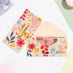 Цена за 10 шт. Конверт для денег С Днём Рождения! листья, цветы, 16х8 см