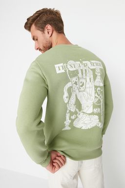 Yesil Bisiklet Yaka Regular/Normal Kesim Mistik Bask?l? Ici Polarl? Sweatshirt TMNAW23SW00303