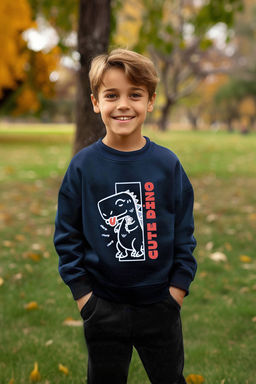 Lacivert Erkek Cocuk Mevsimlik-Ince Dinozor Desenli Bisiklet Yaka Orme Sweatshirt TKDAW25SW00005