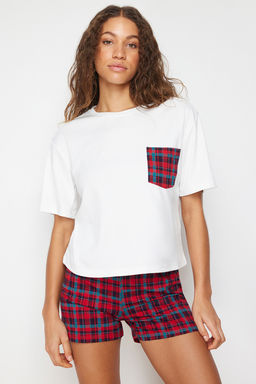 Trendyolmilla Beyaz Cok Renkli %100 Pamuklu Ekoseli Sortlu Orme Pijama Tak?m? THMSS24PT00037