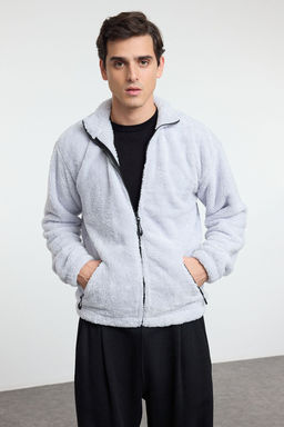 TRENDYOL MAN Gri Oversize/Genis Kesim Fermuar Cepli Couple Pelus Sweatshirt TMNAW25SW00102 - Trendyolmilla фото 4