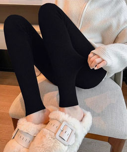 K13197 Легинсы в рубчик МЕХ (вязаный трикотаж) ЧЕРНЫЙ