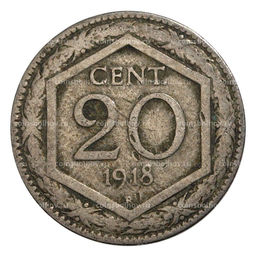 Монета 20 чентезимо 1918 года Италия