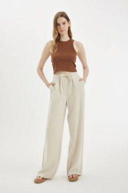 Wide Leg Genis Bol Paca Uc Cepli Normal Bel Basic Duz Standart Boy Keten Kar?s?ml? Pantolon