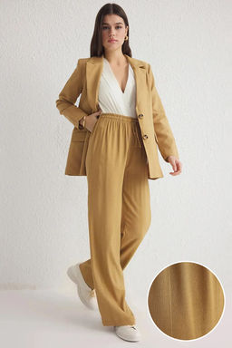 Camel Jakarl? Beli Lastikli Wide Leg/Genis Paca Dokuma Pantolon TWOSS25PL00039