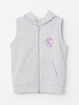 Kap??onlu Bask?l? K?z ?ocuk Fermuarl? Yelek