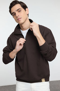 Koyu Kahverengi Oversize/Geni_ Dik Yaka Fermuarl_ Etiketli __i Polarl_ Sweatshirt TMNAW25SW00168