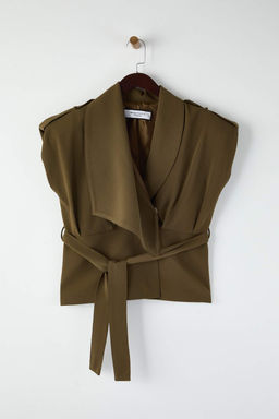 EXCLUSIVE Ac?k Haki Fitted Dokumlu Kumas Belden Oturmal? Vatkal? Astarl? Yelek TWOAW26YE00062 - Trendyolmilla фото 6