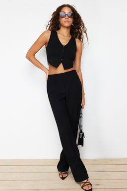 Siyah Duz Slim Regular Dugme Detayl? Crop Yelek TWOSS23YE00037
