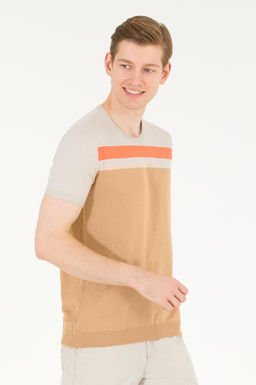 U. S. Polo Assn Мужской вязаный свитер светло-коричневого цвета с круглым вырезом