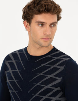 Темно-синий облегающий трикотажный свитер с круглым вырезом - Cacharel фото 2