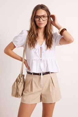Ekru _nden Ba_lama Detayl_ Oversize Dokuma G_mlek TWOSS24GO00183