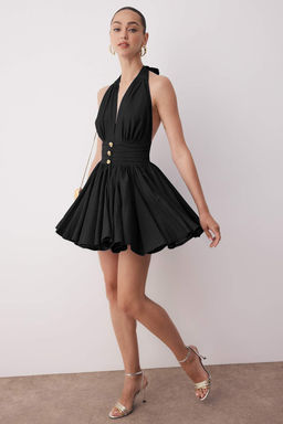 Mavi Belden Ac?lan/Skater Dusme Detayl? Sifon K?sa/Mini Elbise TPRSS25EL00319