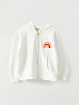 Kap??onlu Bask?l? Uzun Kollu K?z ?ocuk Fermuarl? Sweatshirt