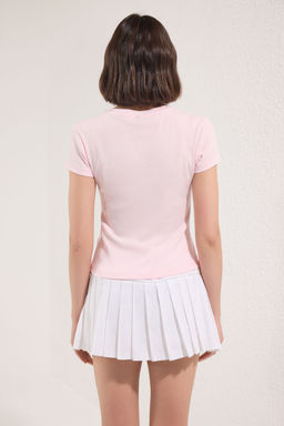 Pembe Pamuklu Kedi Bask?l? Vucuda Oturan Esnek Orme T-Shirt TWOSS25TS00095