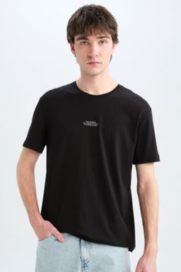 Regular Fit Bisiklet Yaka Bask?l? K?sa Kollu Tisort