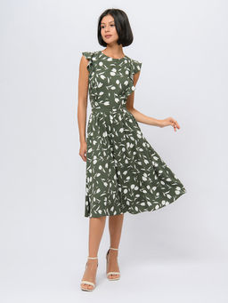 Платье цвета хаки с принтом длины миди и воланами на плечах