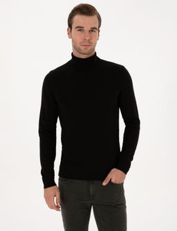 Siyah Slim Fit Bal_k__ Yaka Pamuk Kar___ml_ Basic Triko Kazak