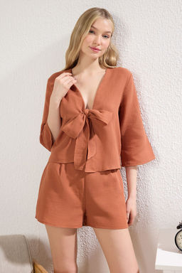 Trendyolmilla Mavi %100 Pamuklu Baglama/Kurdele/Fiyonk Detayl? Muslin Sortlu Dokuma Pijama Tak?m? THMSS24PT00077 фото 22