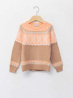 Bisiklet Yaka Desenli Uzun Kollu K?z ?ocuk Triko Kazak