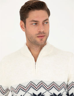 Ekru Slim Fit Fermuarl_ Polo Yaka Triko Kazak