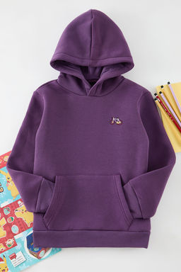 Mor Unisex Bask?l? Pamuklu Kapusonlu Orme Mini Me Sweatshirt TKDAW25SW00077