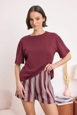 Bordo %100 Pamuklu Cizgili Orme Pijama Tak?m? THMSS26PT00167