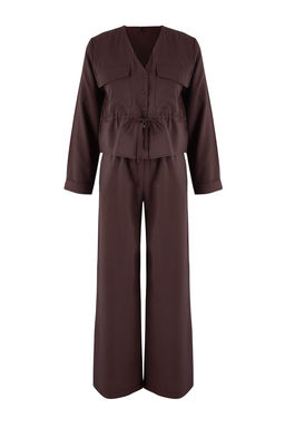 Koyu Kahverengi Yumusak Dokulu Bluz Pantolon Dokuma Alt - Ust Tak?m TWOAW26AU00111