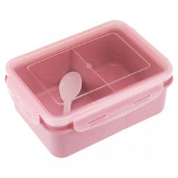 Ланч-бокс для продуктов пластмассовый Эко дом 17,5х13см h7см, 2 отделения 0,85л, с ложкой 13см, крышка прозрачная, с клипсами, с уплотнителем, цвета в ассортименте: бежевый, розовый, голубой (Китай) Пластик с добавлением пшеничных волокон. - Домашняя мода фото 2
