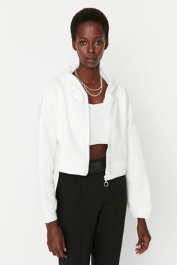 Ekru Basic Fermuarl? Kapusonlu Crop Kal?n Ici Polarl? Orme Sweatshirt TWOAW20SW0660