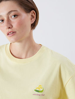 Bisiklet Yaka Bask?l? Oversize Kad?n Ti??rt