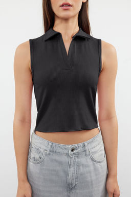 Antrasit Fitted/Vucuda Oturan Polo Yaka Crop Esnek Orme Bluz TWOSS22BZ0335