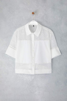 Trendyolmilla Beyaz Transparan detayl? k?sa kol crop Gomlek TWOSS25GO00170  фото 5