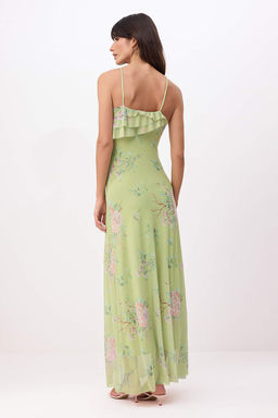 Yesil Cicekli A-Kal?p/Can Form Ince Ask?l? Volanl?/F?rf?rl? Maxi Orme Elbise TWOSS26EL00673 - Trendyolmilla фото 4