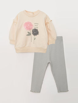 Bisiklet Yaka Uzun Kollu Bask?l? K?z Bebek Sweatshirt ve Tayt 2li Tak?m