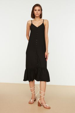 Siyah Ask?l? Dugmeli A Kesim Midi Dokuma Elbise TWOSS21EL1990