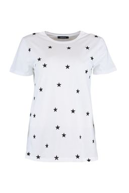 Beyaz %100 Kal?n Pamuklu Y?ld?z Bask?l? Regular/Normal Kal?p Orme T-Shirt TWOSS20TS0757