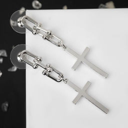 Серьги металл Цепь с крестиком, три звена, цвет серебро