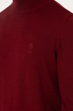 Erkek Slim Fit Yar_m Bo_azl_ Bordo Basic Kazak