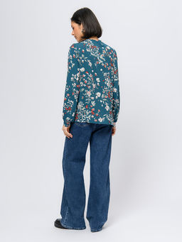 Блуза бирюзового цвета с принтом с длинными рукавами и декоративными элементами - 1001dress фото 3