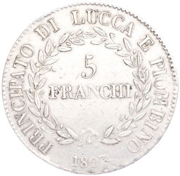Монета 5 франков 1807 года Лукка и Пьомбино