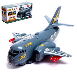 Самолет Транспортный, работает от батареек, световые и звуковые эффекты, цвет серый